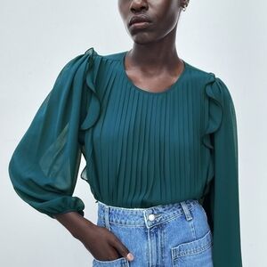 Zara Emerald Green Blouse with Ruffle Details